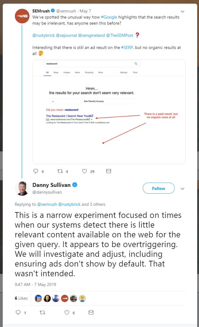 A Google’s representative Danny Sullivan replyed to Semrush post about zero results